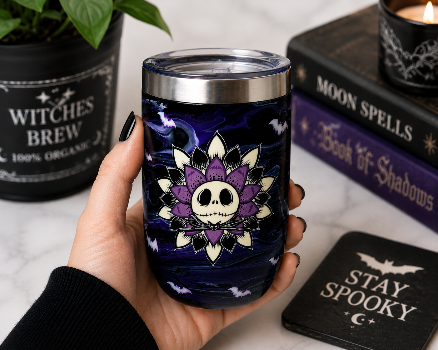 Spooky Skull Flower Epoxy Resin Tumbler – 16 oz