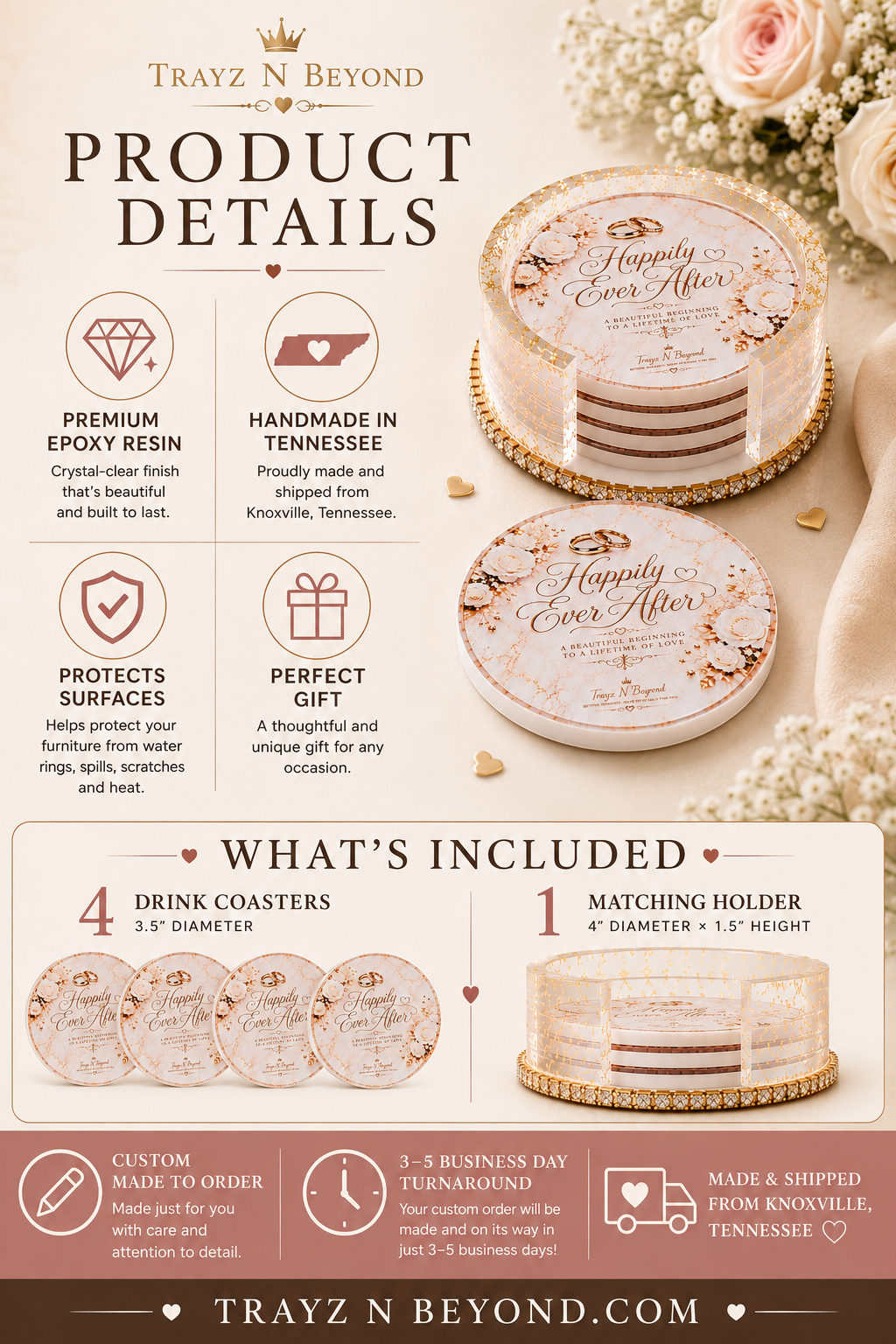 Happily Ever After Epoxy Resin Coaster Set | Wedding & Anniversary Gift | 4 Coasters + Rhinestone Holder | Handmade in Tennessee