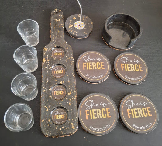 She Is Fierce handcrafted epoxy resin shot glass tray set by Trayz n’ Beyond — inspired by Proverbs 31:25
