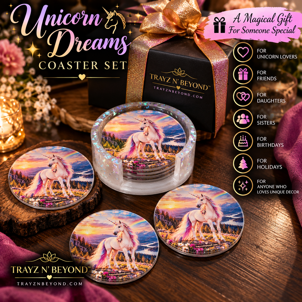 Unicorn Dreams Resin Coaster Set with Holder