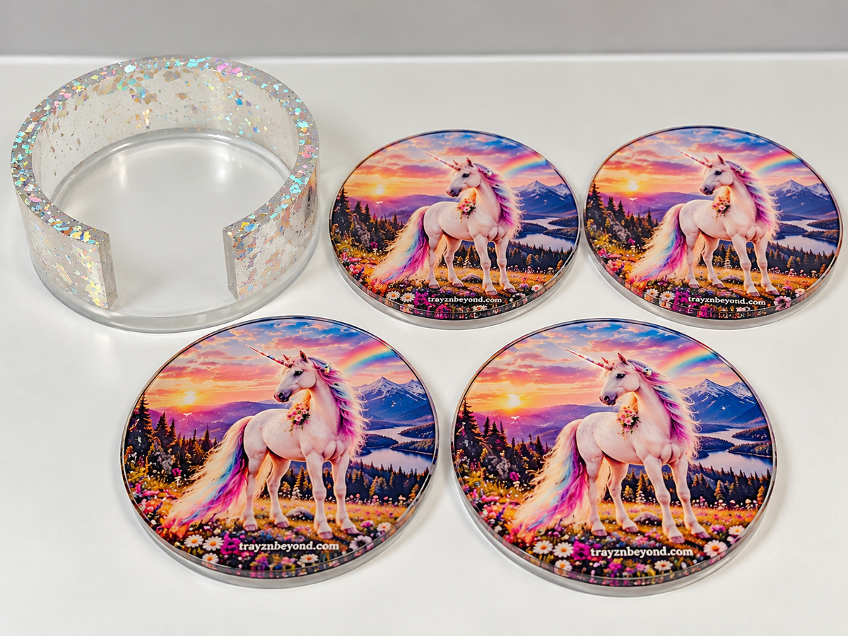 Unicorn Dreams Resin Coaster Set with Holder