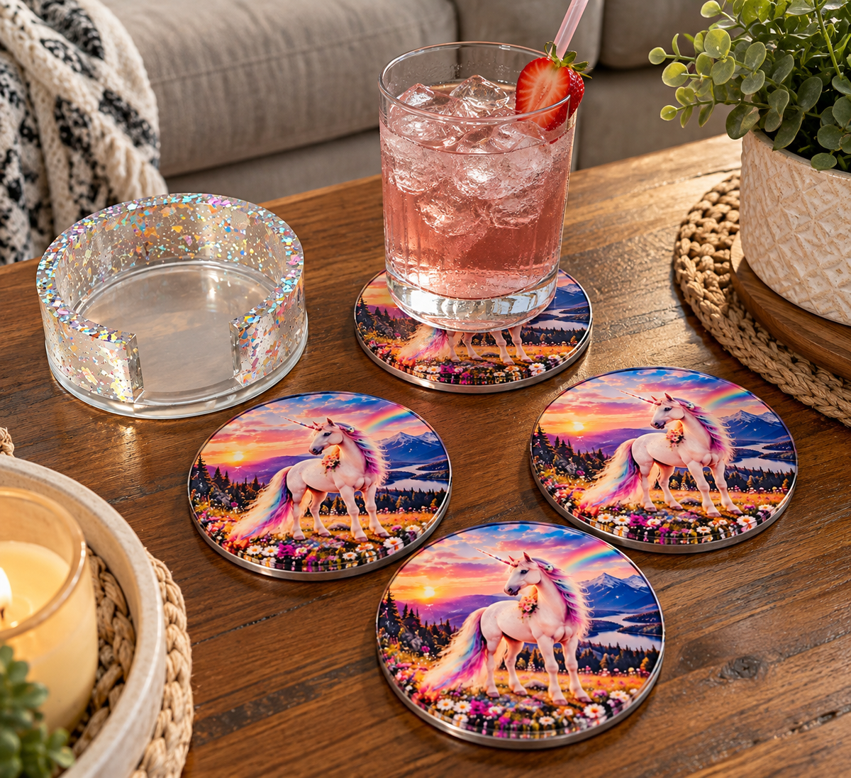 Unicorn Dreams Resin Coaster Set with Holder