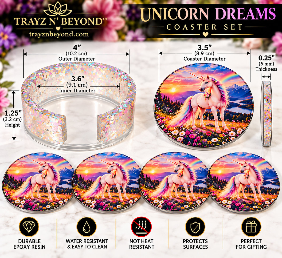 Unicorn Dreams Resin Coaster Set with Holder
