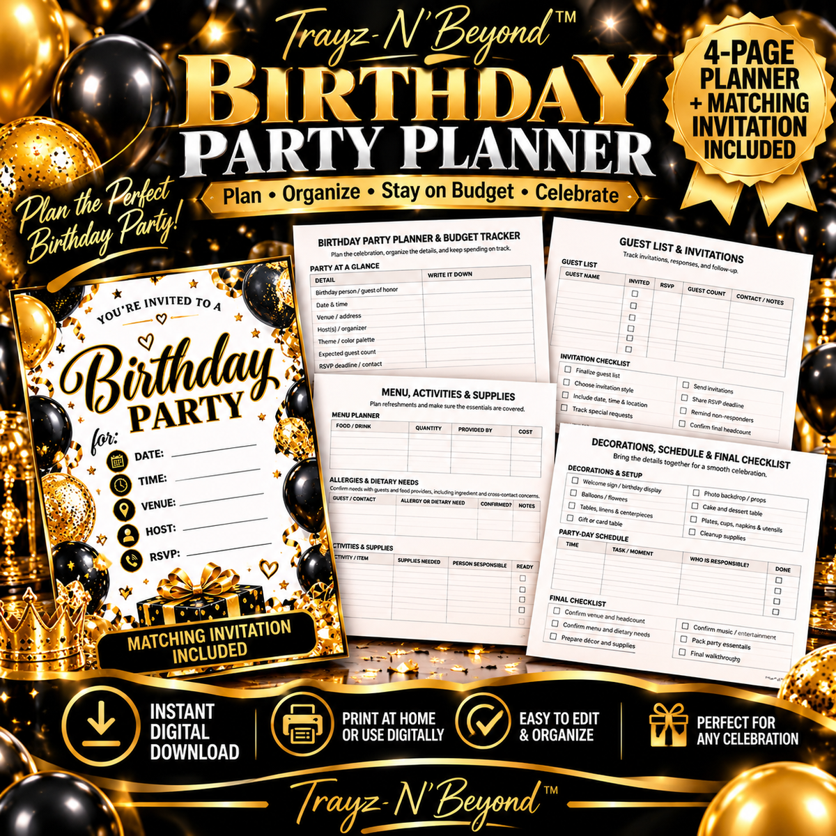 Birthday Party Planner & Matching Invitation Bundle | Black & Gold