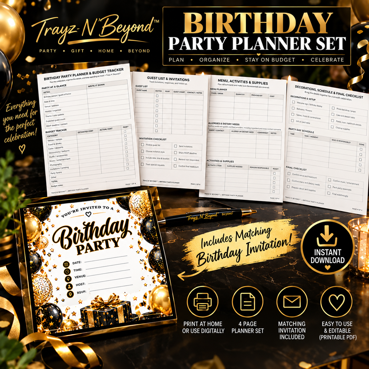 Birthday Party Planner & Matching Invitation Bundle | Black & Gold