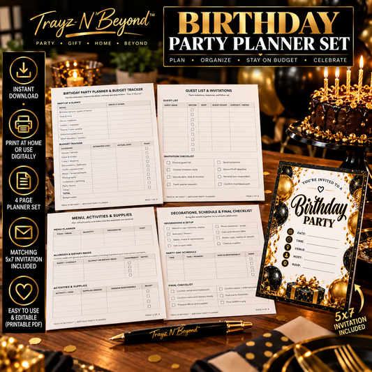 Birthday Party Planner & Matching Invitation Bundle | Black & Gold