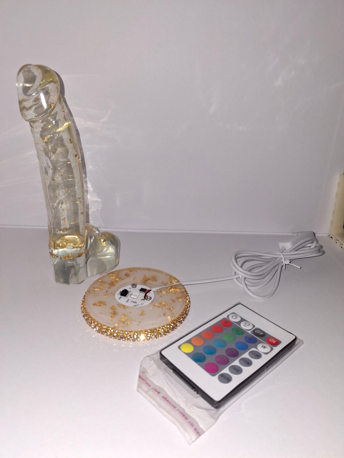 8-Inch Gold Flake Epoxy Resin Penis Statue with USB LED Lamp Dock