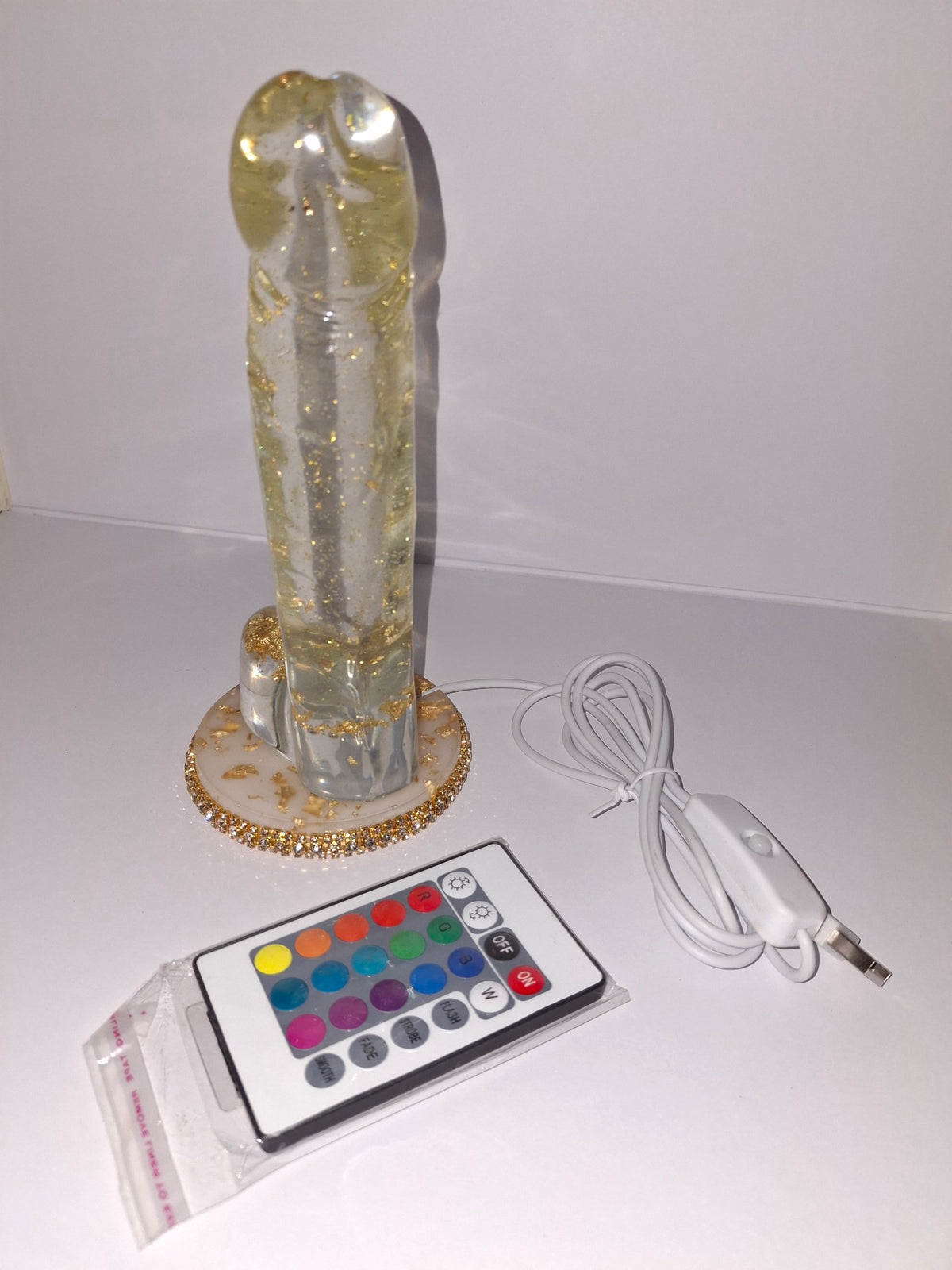 8-Inch Gold Flake Epoxy Resin Penis Statue with USB LED Lamp Dock