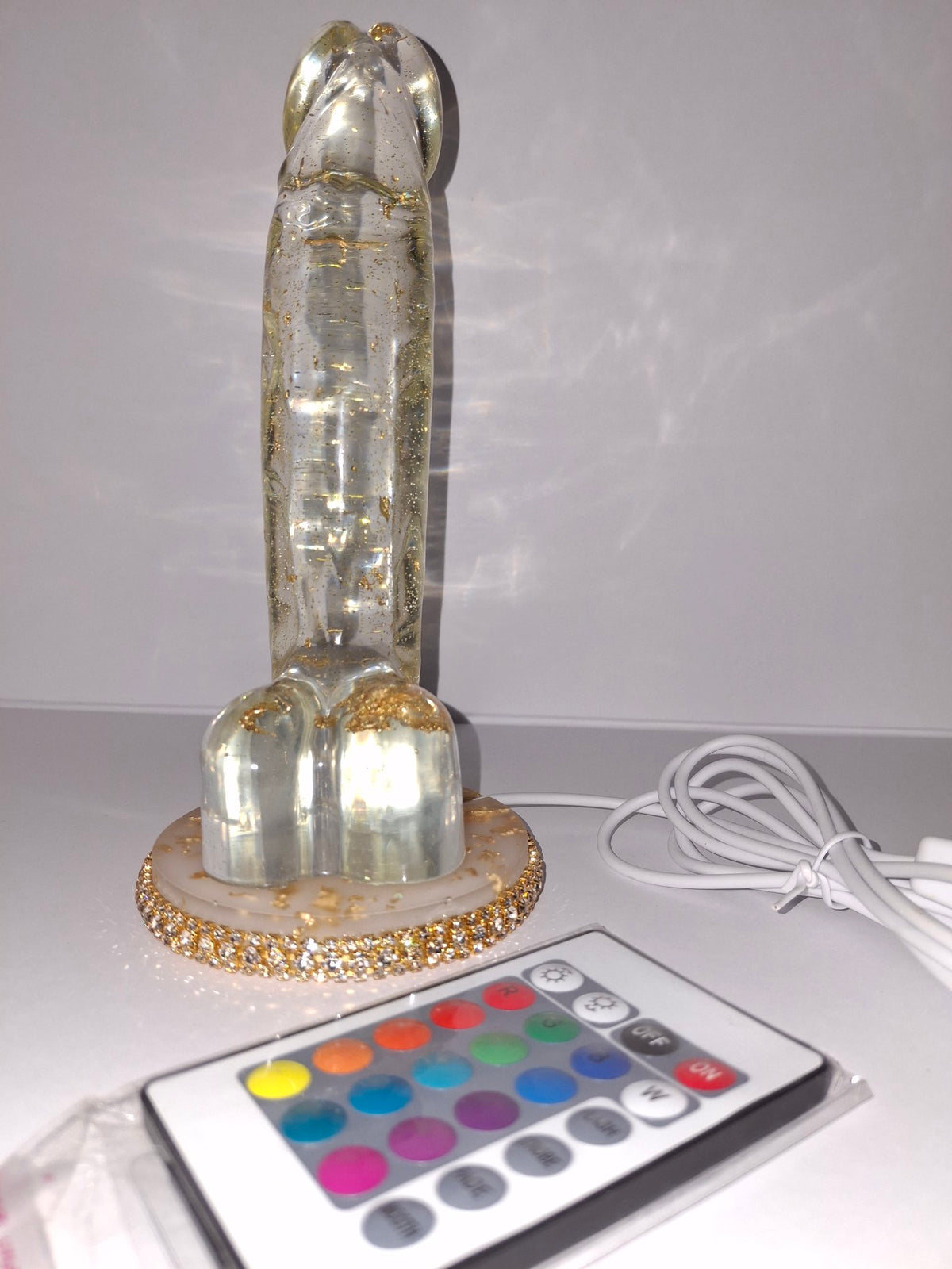 8-Inch Gold Flake Epoxy Resin Penis Statue with USB LED Lamp Dock