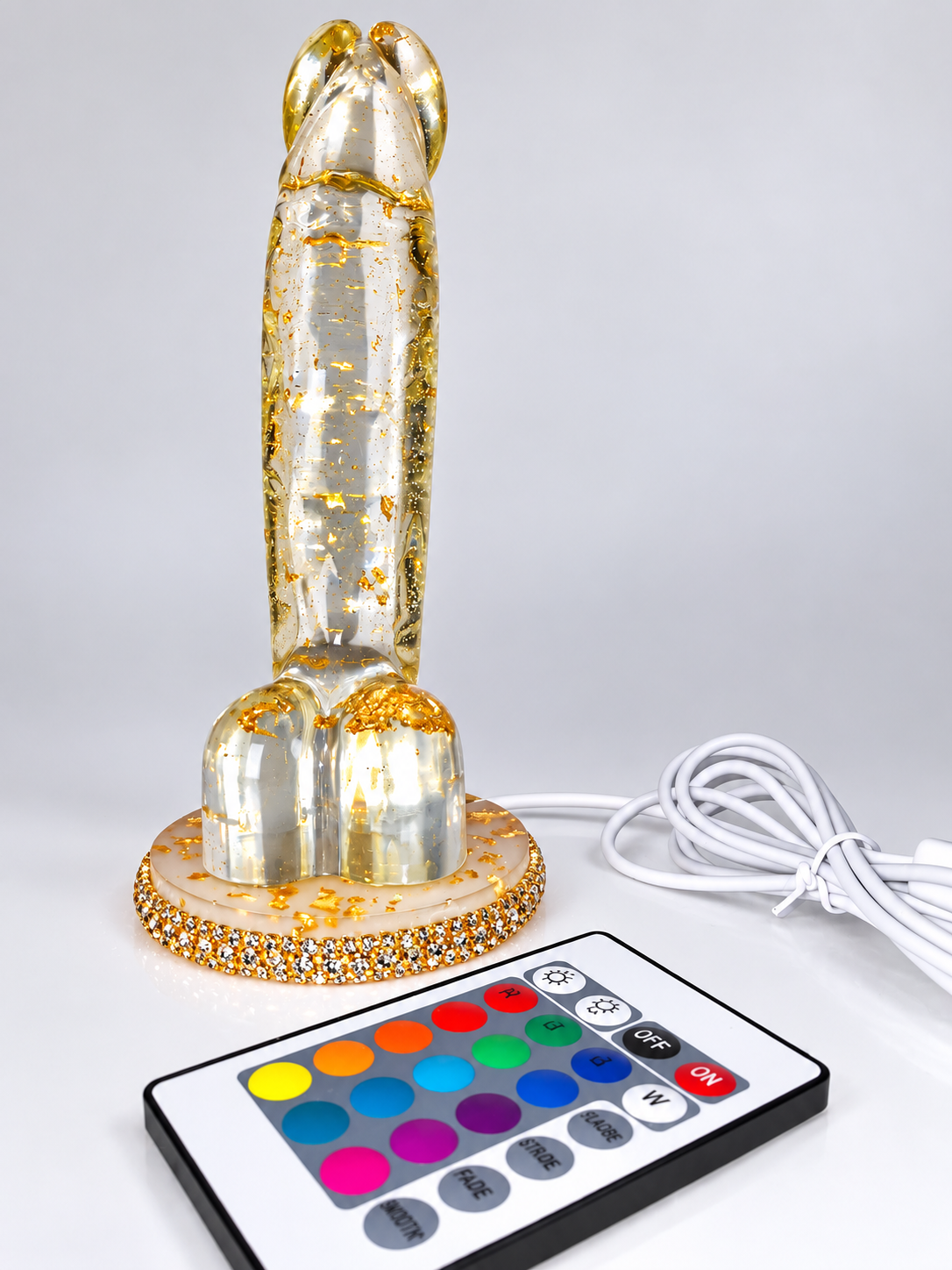 8-Inch Gold Flake Epoxy Resin Penis Statue with USB LED Lamp Dock