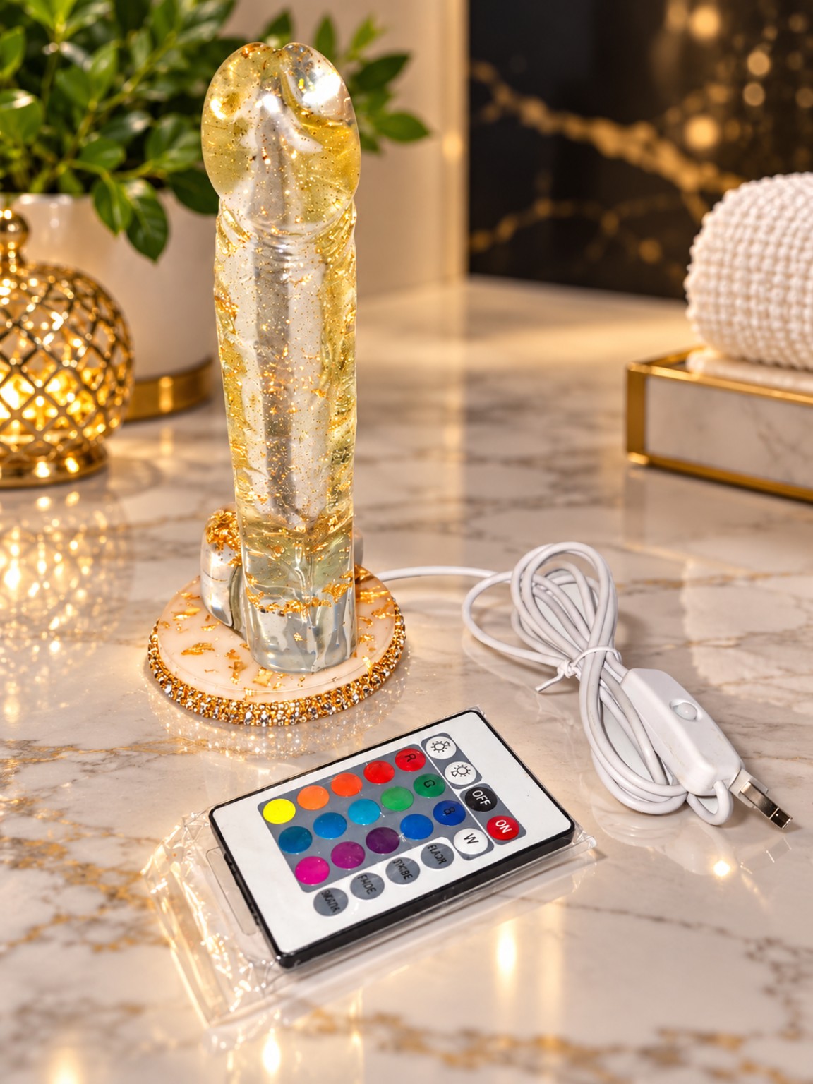 8-Inch Gold Flake Epoxy Resin Penis Statue with USB LED Lamp Dock
