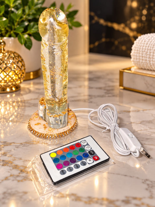 8-Inch Gold Flake Epoxy Resin Penis Statue with USB LED Lamp Dock