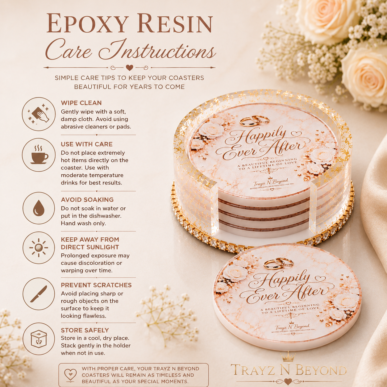 Happily Ever After Epoxy Resin Coaster Set | Wedding & Anniversary Gift | 4 Coasters + Rhinestone Holder | Handmade in Tennessee