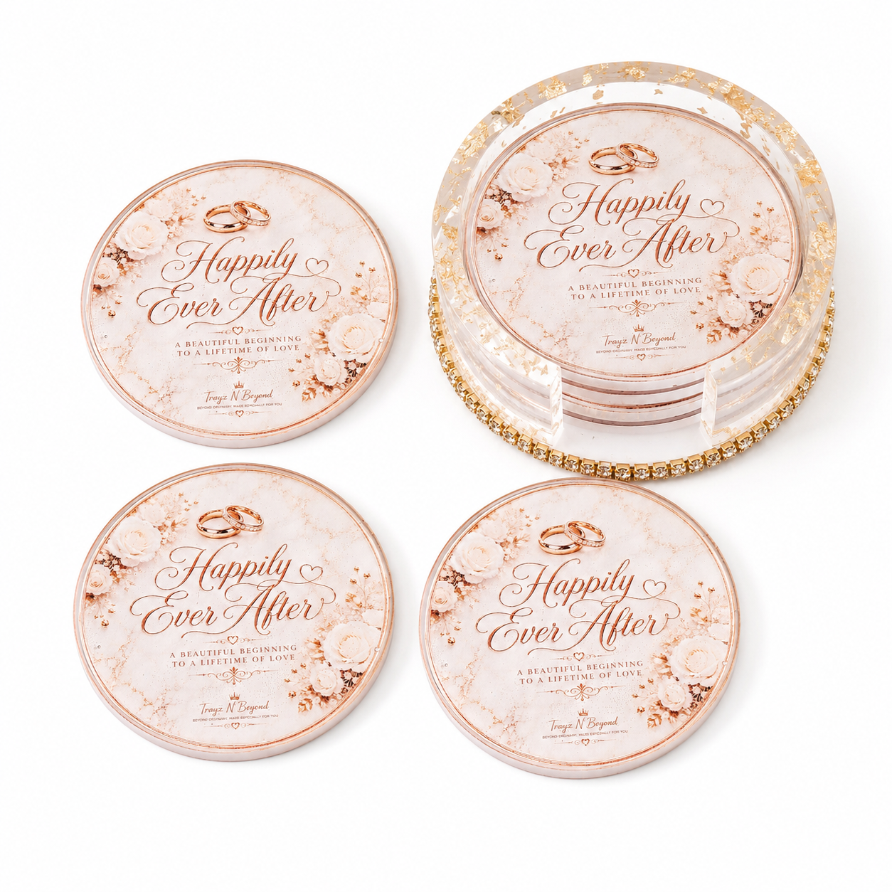 Happily Ever After Epoxy Resin Coaster Set | Wedding & Anniversary Gift | 4 Coasters + Rhinestone Holder | Handmade in Tennessee