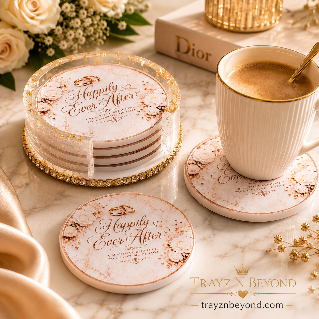Happily Ever After Epoxy Resin Coaster Set | Wedding & Anniversary Gift | 4 Coasters + Rhinestone Holder | Handmade in Tennessee