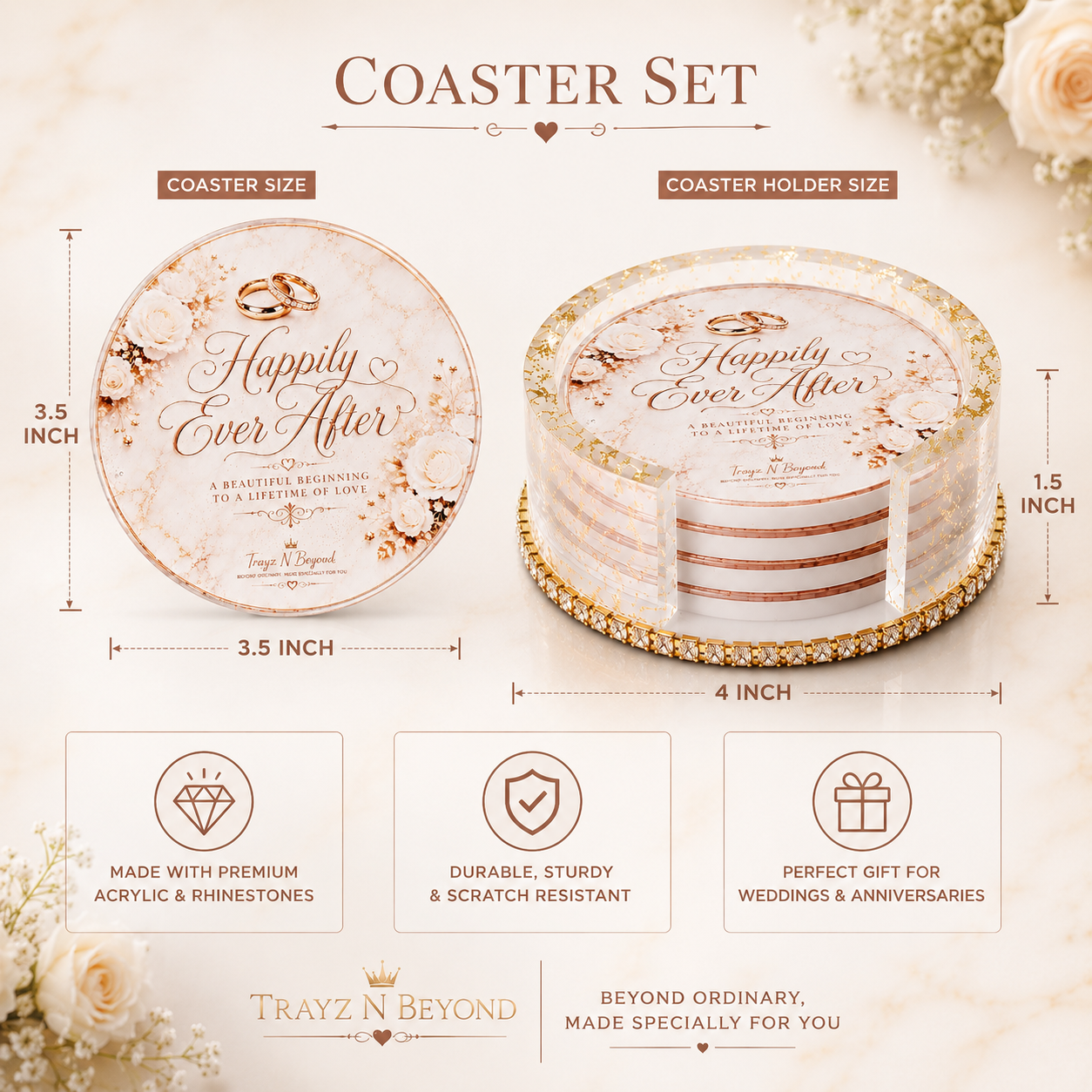 Happily Ever After Epoxy Resin Coaster Set | Wedding & Anniversary Gift | 4 Coasters + Rhinestone Holder | Handmade in Tennessee