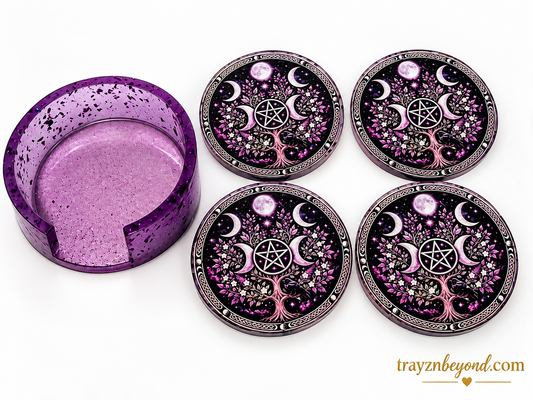 Celestial Moon Resin Coaster Set with Holder | Purple, Set of 4