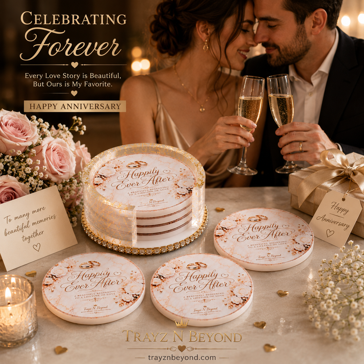 Happily Ever After Epoxy Resin Coaster Set | Wedding & Anniversary Gift | 4 Coasters + Rhinestone Holder | Handmade in Tennessee