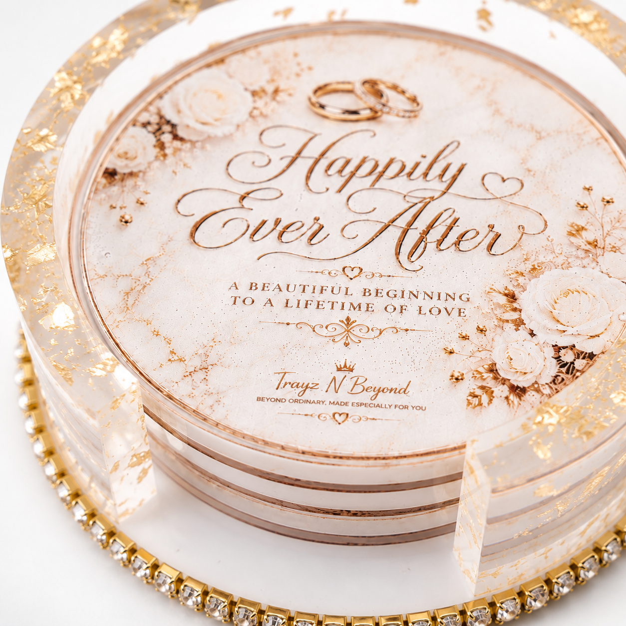 Happily Ever After Epoxy Resin Coaster Set | Wedding & Anniversary Gift | 4 Coasters + Rhinestone Holder | Handmade in Tennessee