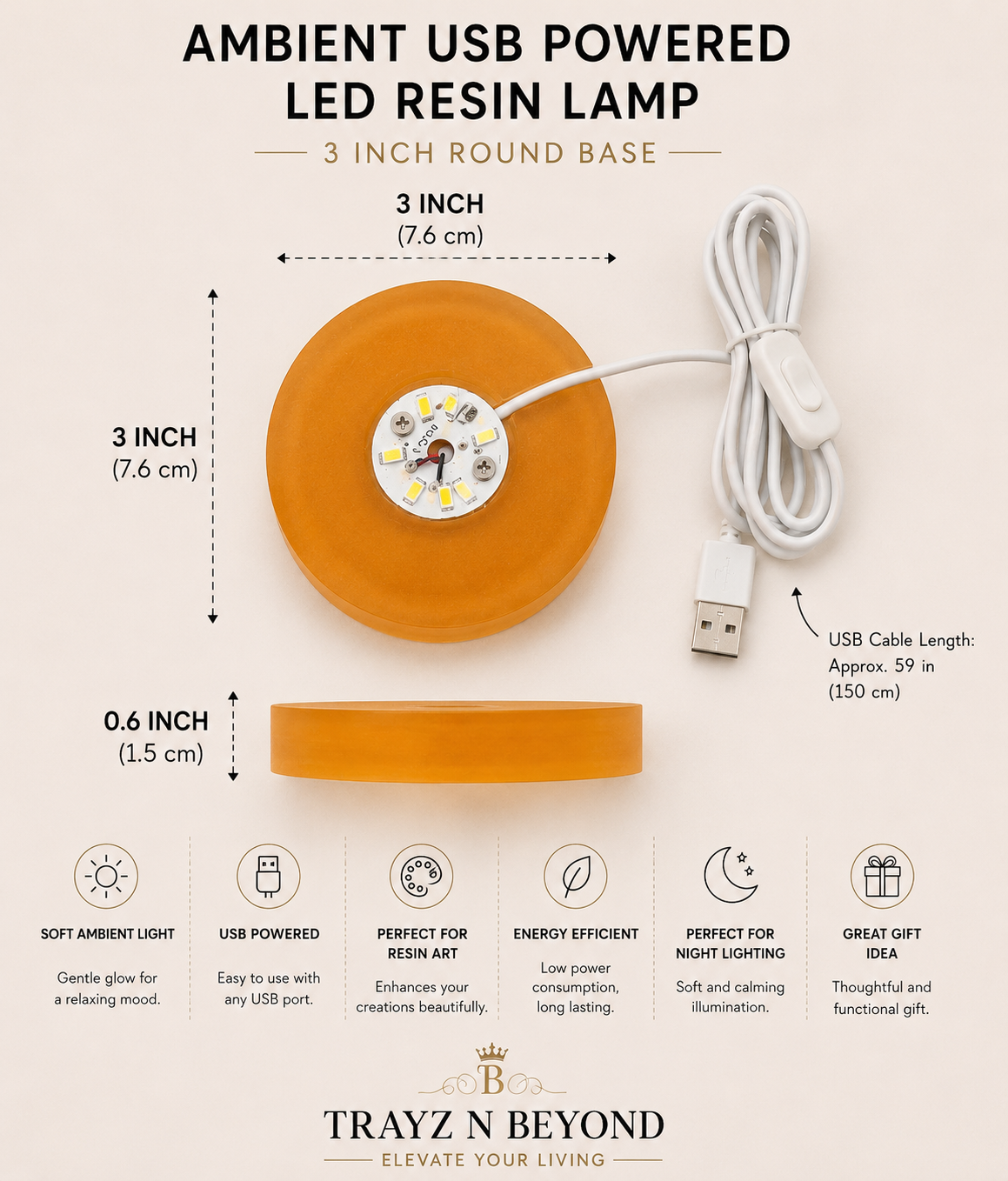 Orange Resin Ambient USB LED Lamp Base — 3 Inch Round