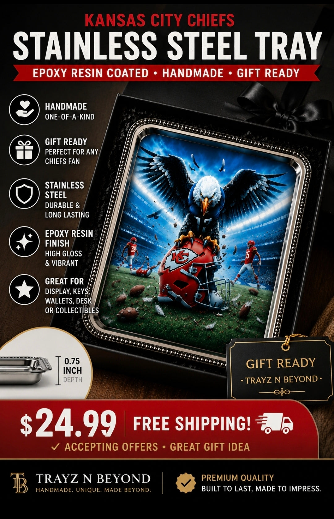 Kansas City Chiefs Stainless Steel Tray – Epoxy Resin Coated