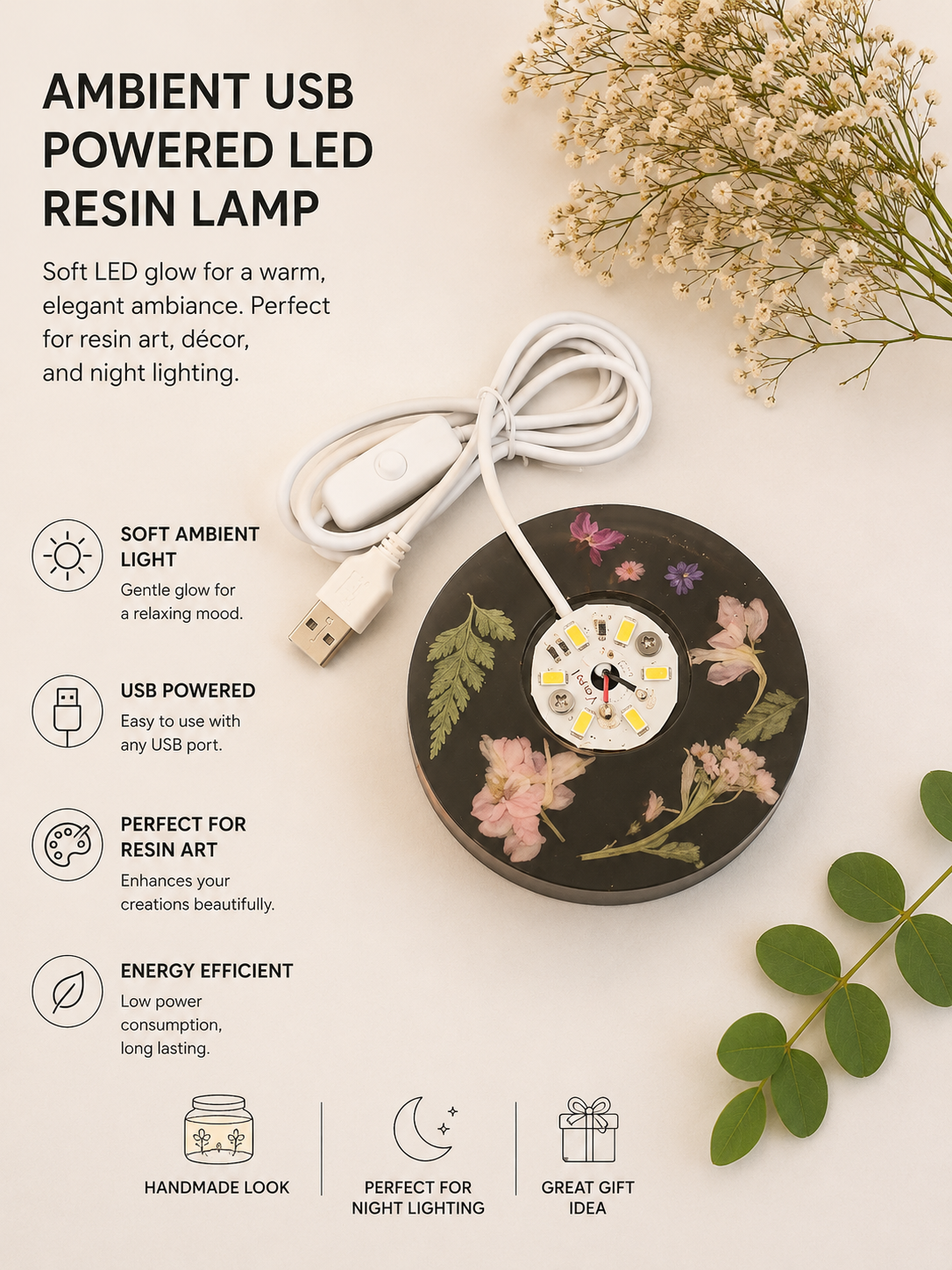 Pressed Floral Ambient USB LED Resin Lamp Base — 3 Inch Round
