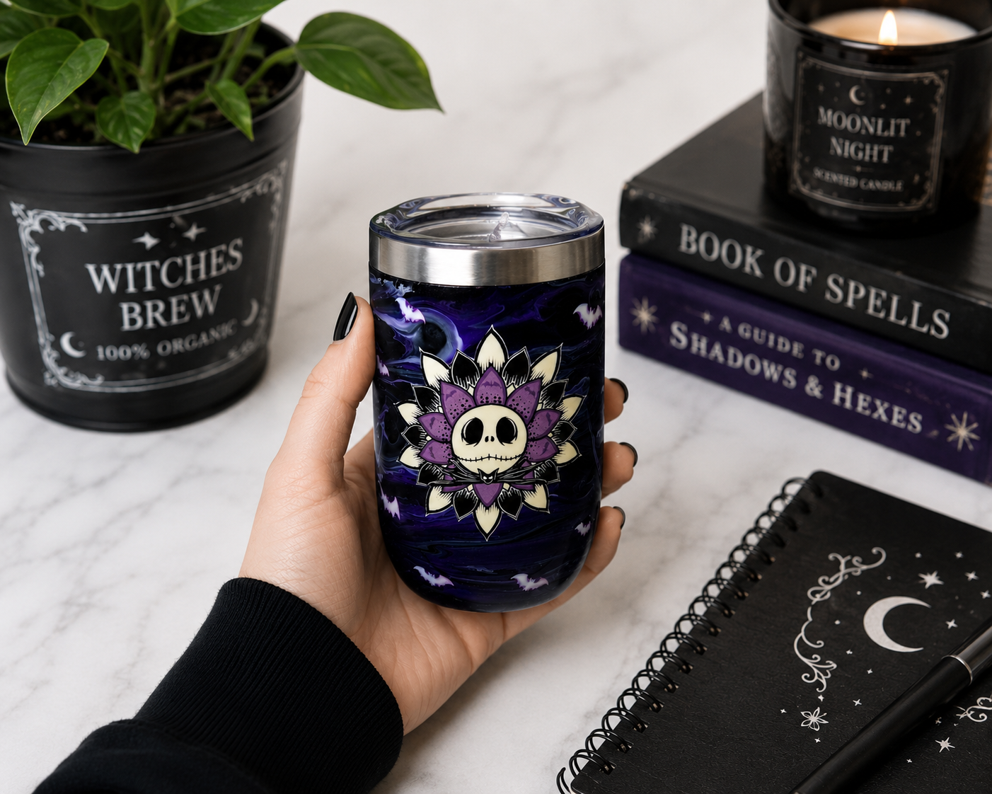 Spooky Skull Flower Epoxy Resin Tumbler – 16 oz