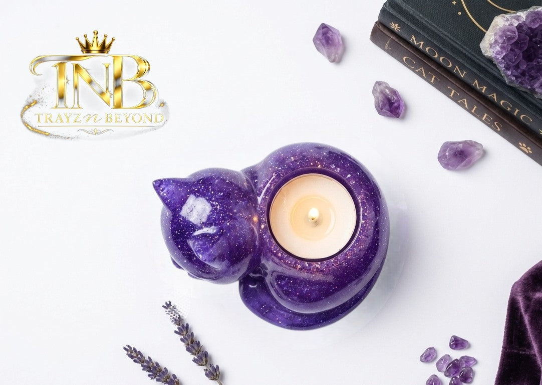 Mystic Cat Tea Light Candle Holder | Purple Galaxy Epoxy Resin