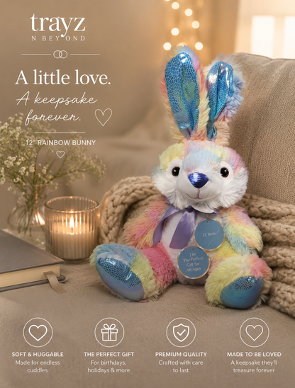 Rainbow Bunny 12" Plush Stuffed Animal with 8oz Plastic Screw-Top Jar — Perfect Gift