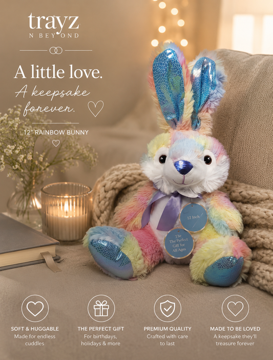 Rainbow Bunny 12" Plush Stuffed Animal with 8oz Plastic Screw-Top Jar — Perfect Gift