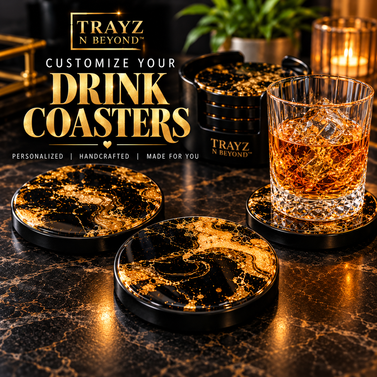 Personalized Epoxy Resin Coaster Set with Matching Holder