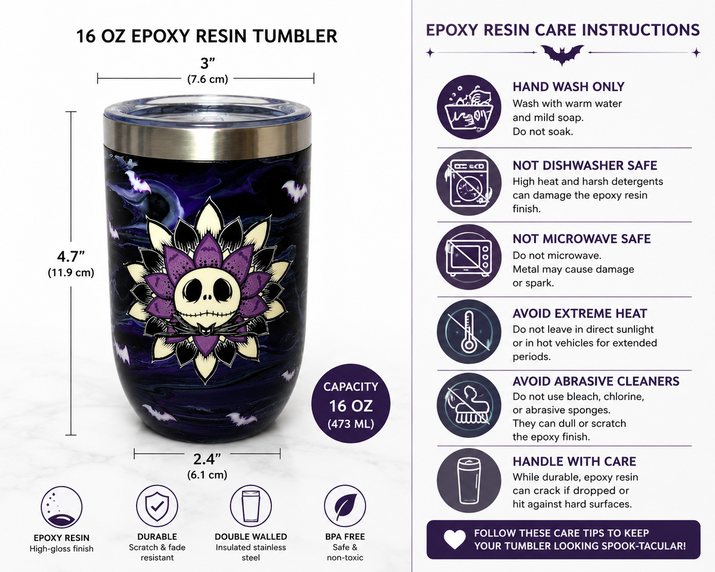 Spooky Skull Flower Epoxy Resin Tumbler – 16 oz