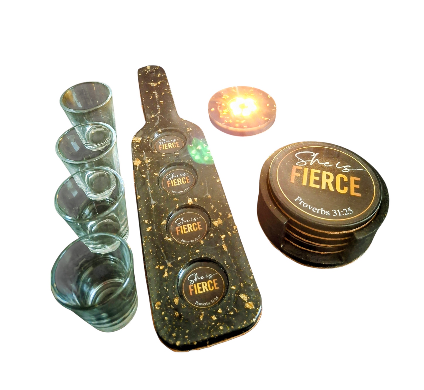 She Is Fierce – Luxury Handcrafted Shot Glass Tray Set | Proverbs 31:25