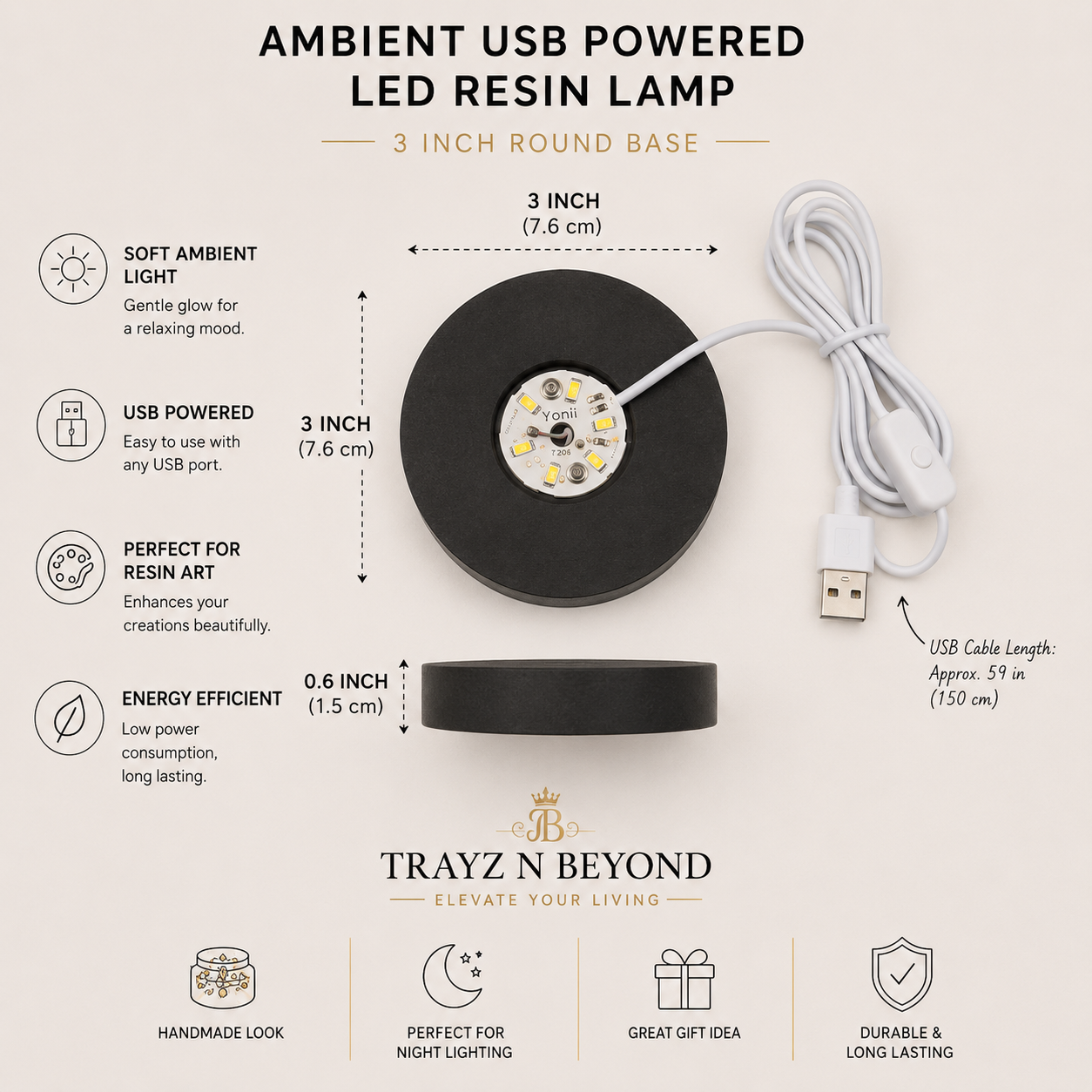 Ambient USB LED Resin Lamp Base — 3 Inch Round