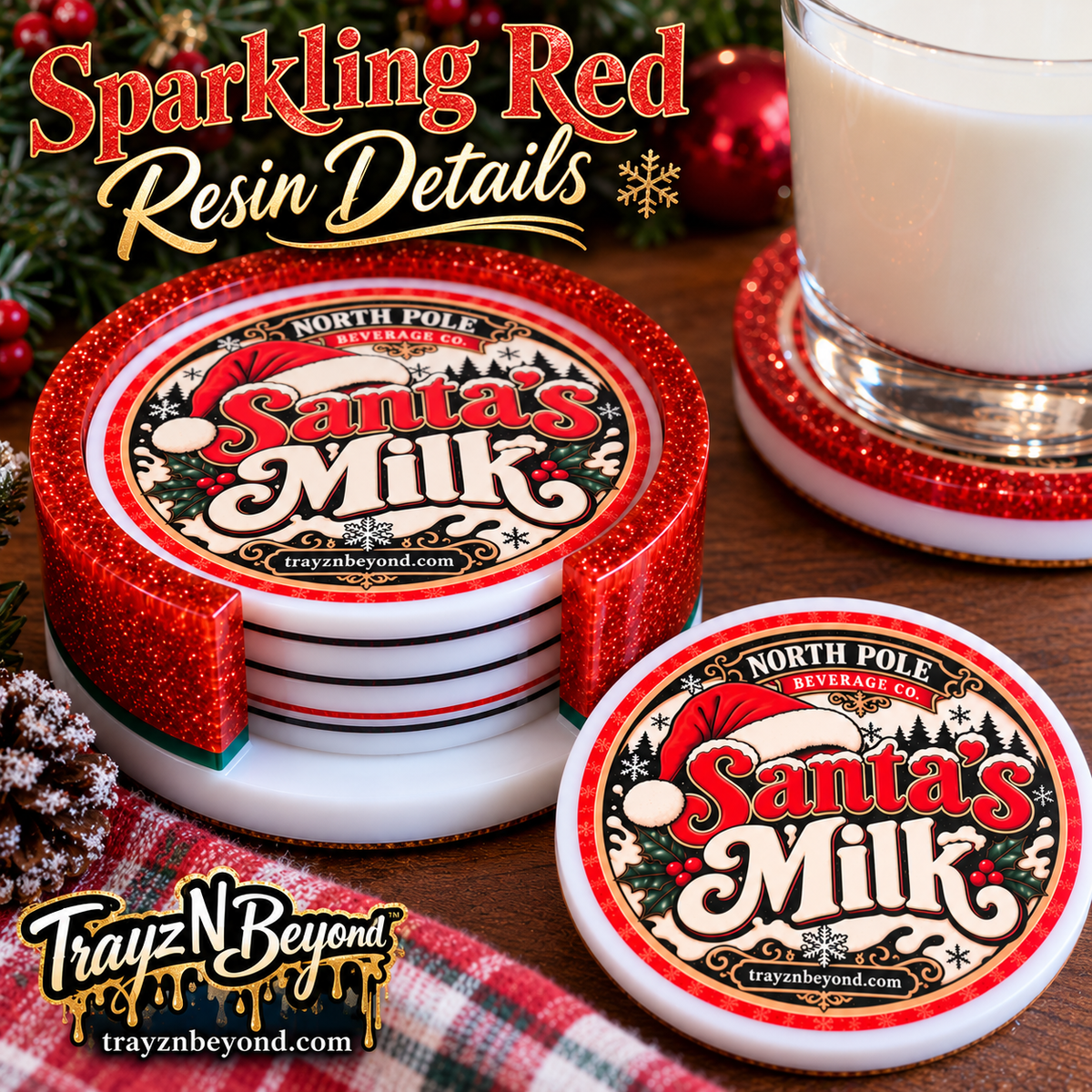 Santa’s Milk Christmas Coaster Set with Holder