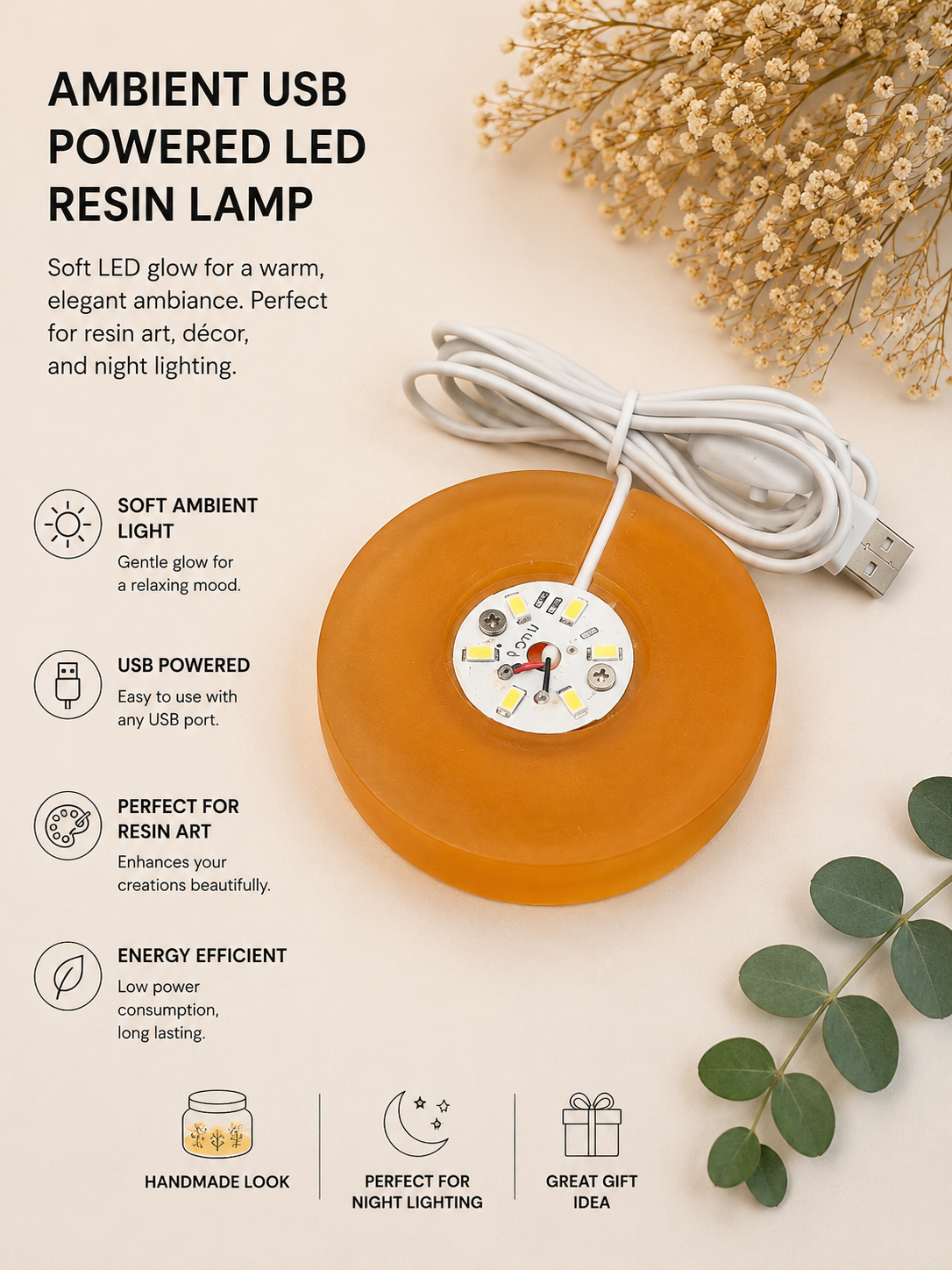 Orange Resin Ambient USB LED Lamp Base — 3 Inch Round