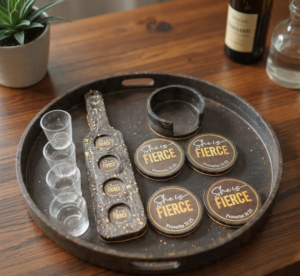 She Is Fierce – Luxury Handcrafted Shot Glass Tray Set | Proverbs 31:25