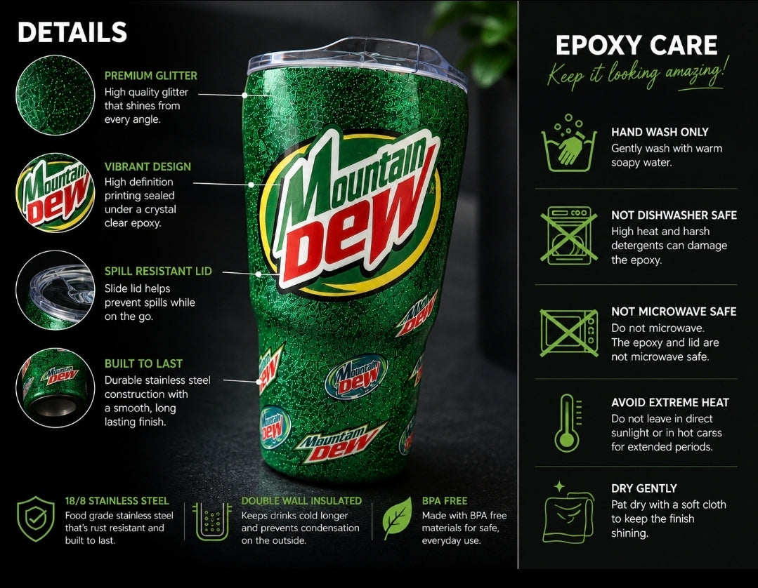Mountain Dew Glitter Tumbler | 20oz Epoxy Tumbler