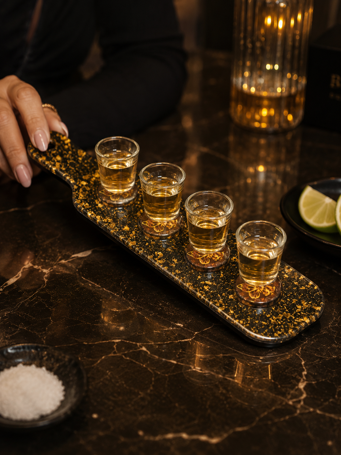 Shot Glass Flight Tray | Epoxy Resin Bar Tray with Butterfly Design