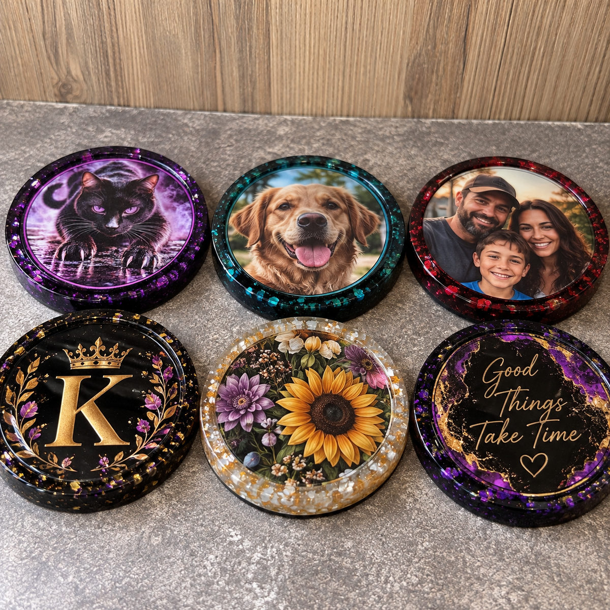Personalized Epoxy Resin Coaster Set with Matching Holder