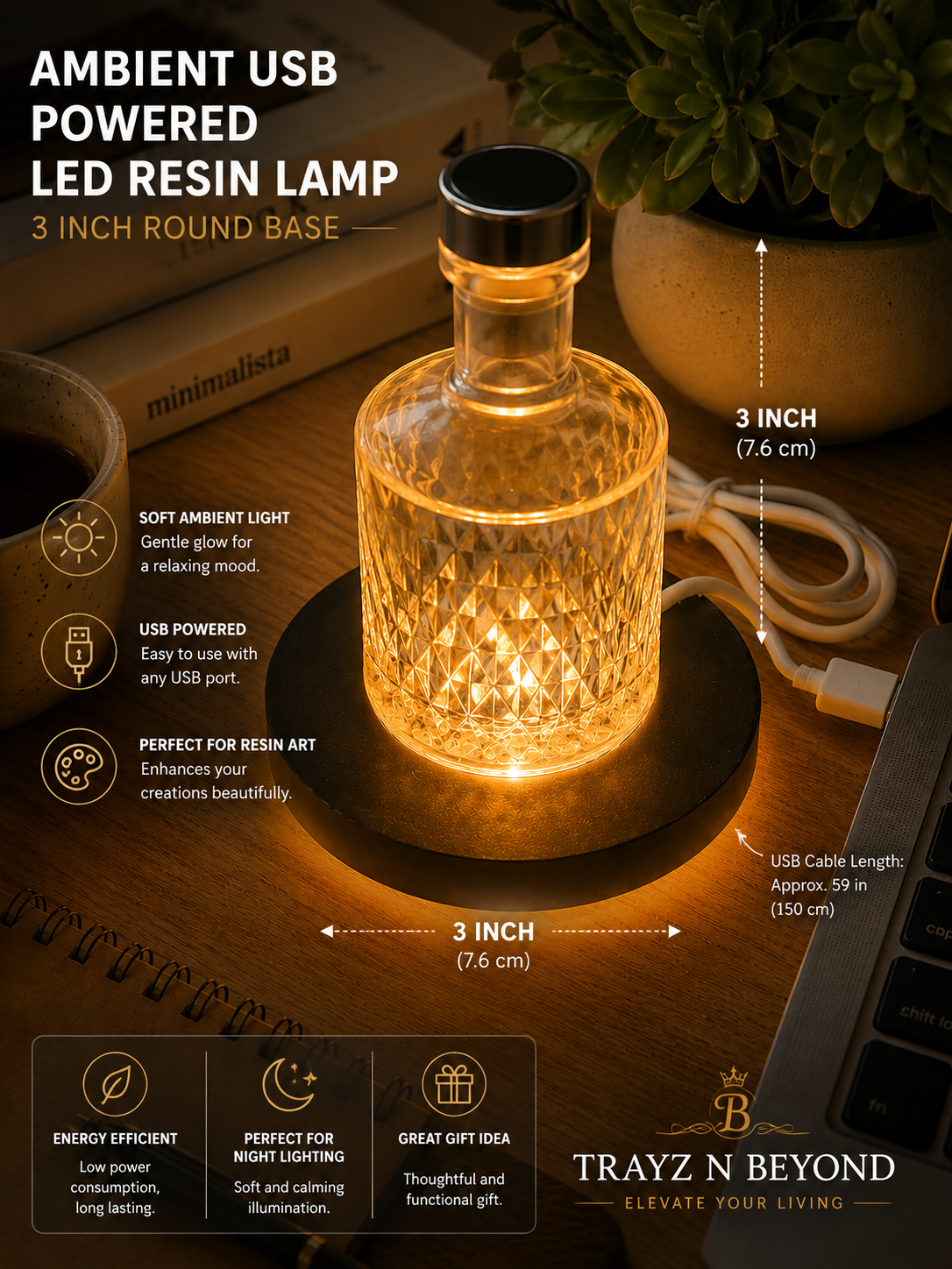 Dark Resin Ambient USB LED Lamp Base — 3 Inch Round