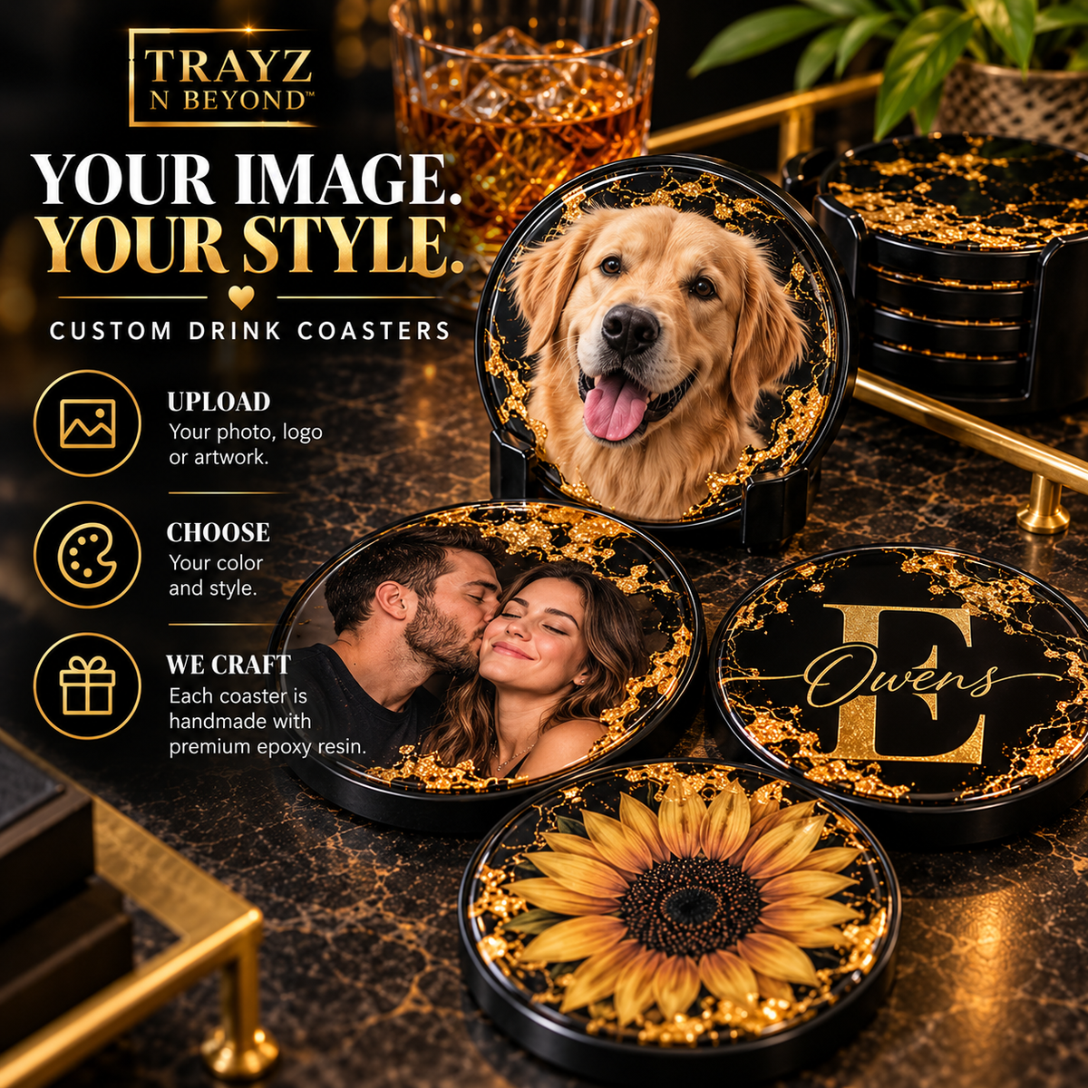 Personalized Epoxy Resin Coaster Set with Matching Holder