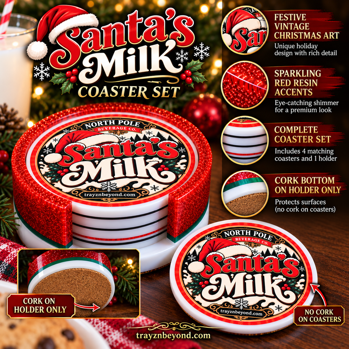 Santa’s Milk Christmas Coaster Set with Holder