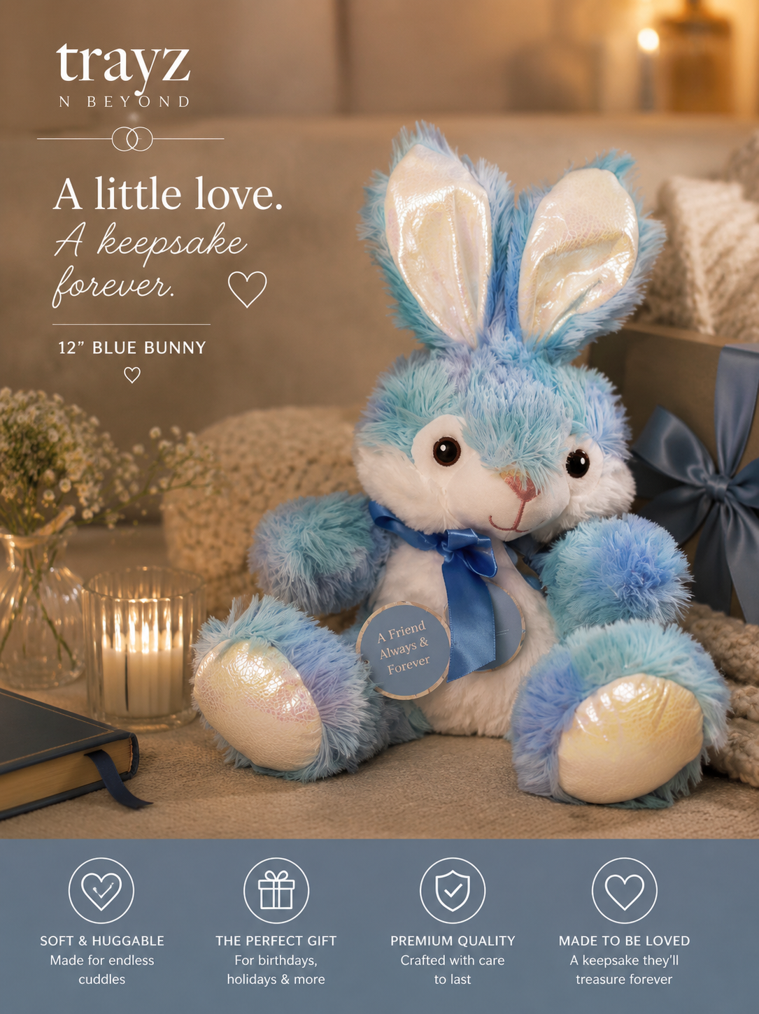 Blue Bunny 12" Plush Stuffed Animal with 8oz Plastic Screw-Top Jar — Perfect Gift