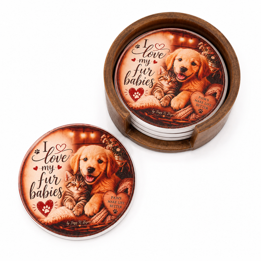 I Love My Fur Babies Epoxy Resin Coaster Set | Handmade Pet Lover Gift | 4 Coasters + Holder