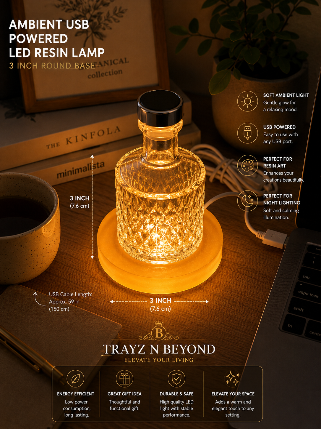 Orange Resin Ambient USB LED Lamp Base — 3 Inch Round