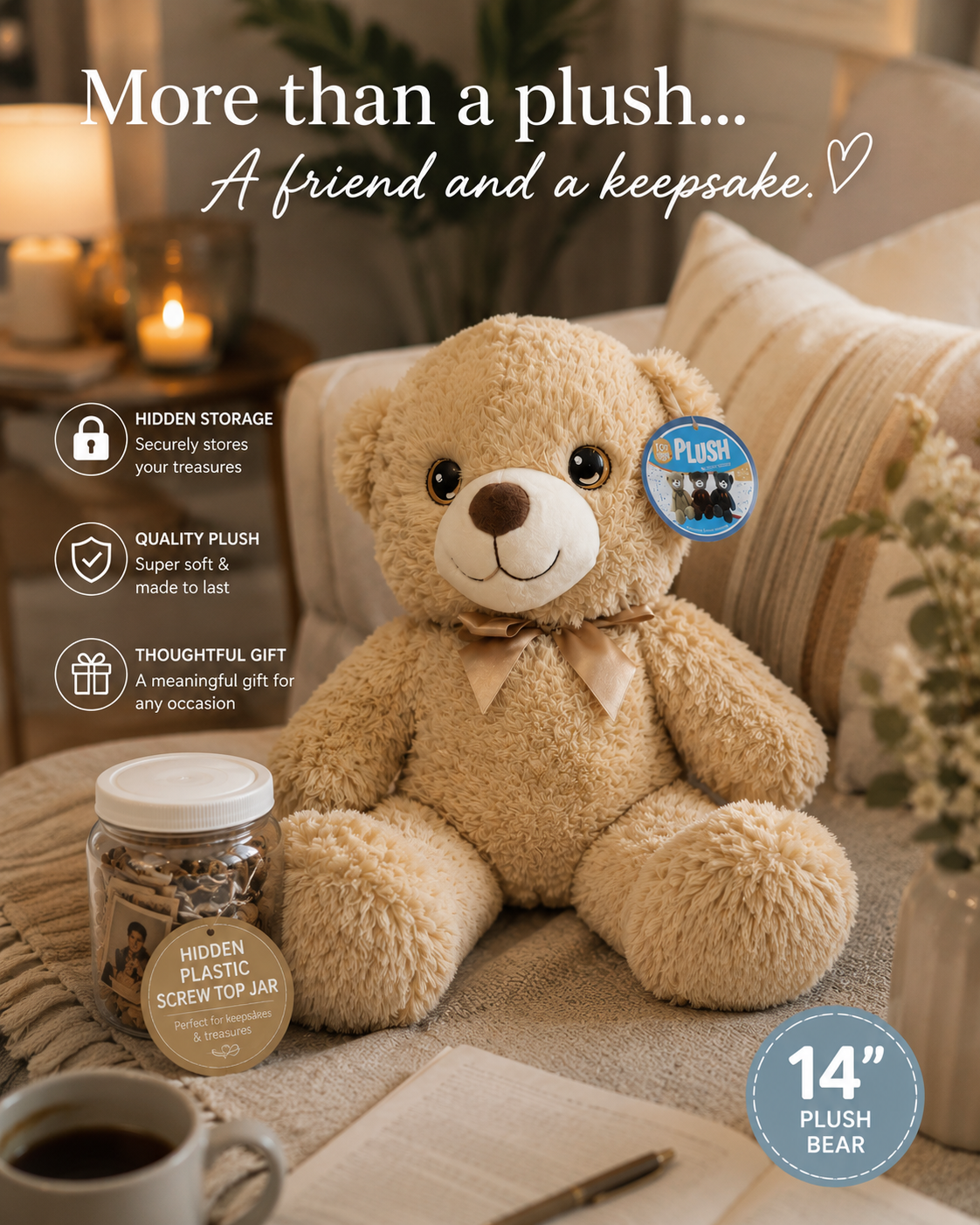 14" Tan Teddy Bear with 2qt Screw Top Plastic Jar