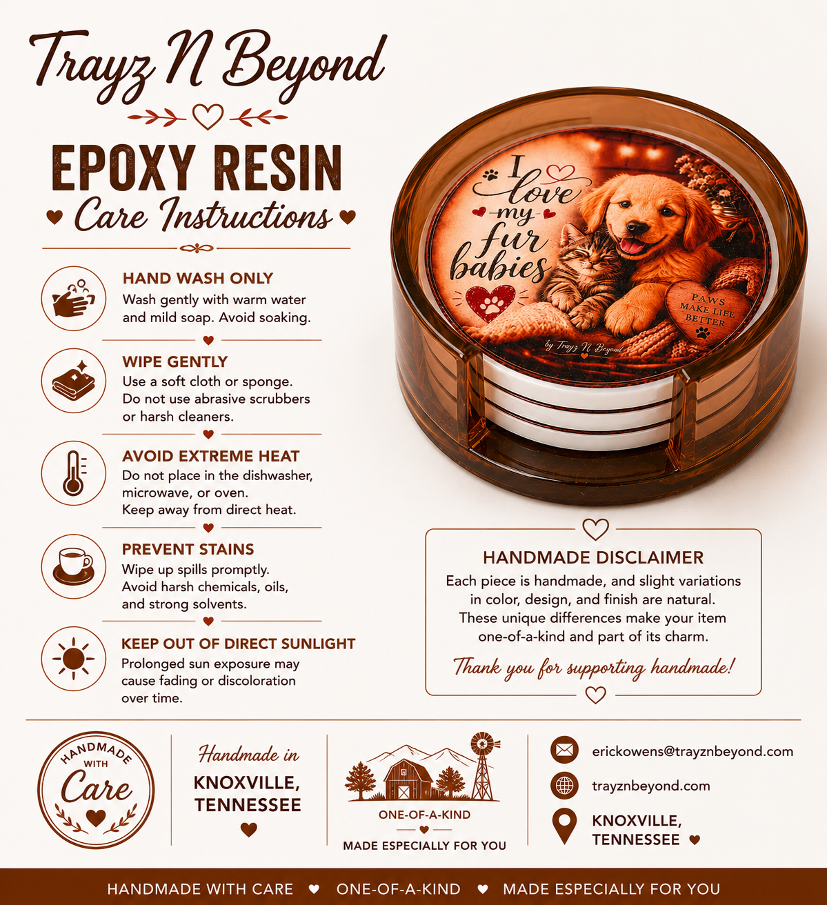I Love My Fur Babies Epoxy Resin Coaster Set | Handmade Pet Lover Gift | 4 Coasters + Holder