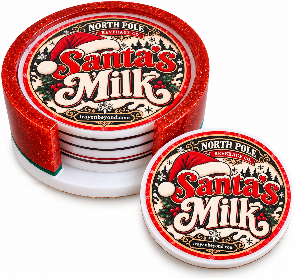 Santa’s Milk Christmas Coaster Set with Holder