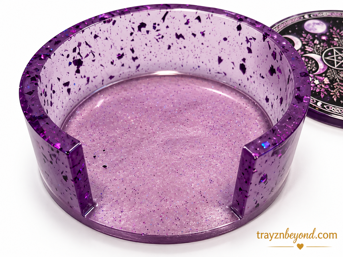 Celestial Moon Resin Coaster Set with Holder | Purple, Set of 4